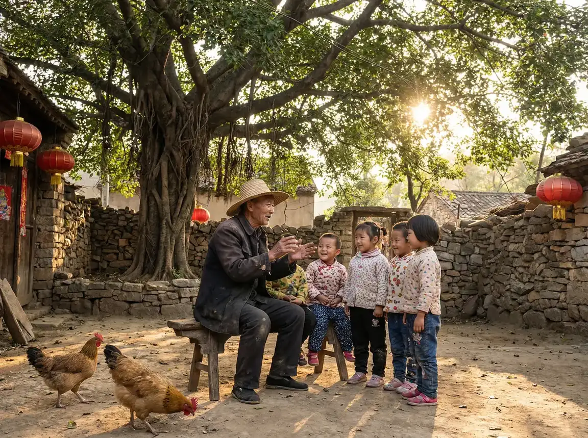 老人在大榕树下给孩子们讲故事 - 《下厨房》 TXL金银花 乡村记忆
